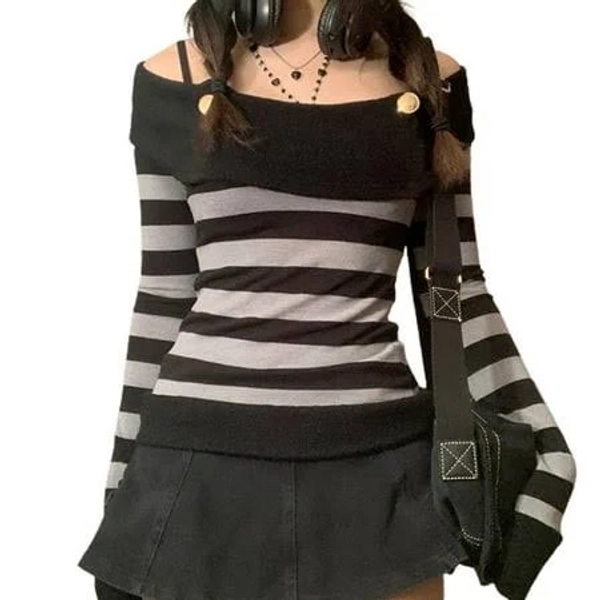 elippeo Women Y2K Long Sleeve Top Tee Sexy Patchwork Square CollarRibbed Slim T-Shirt Fairy Grunge 90's Aesthetic Clothes