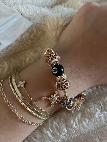 1pc Leopard Print Cherry #8 Billiard Ball Charm Bracelet, 1pc Leopard Print Heart Bracelet, 1pc Leopard Print Panther Bracelet, 1pc Leopard Print Star DIY Bracelet, Retro Music Festival Fashion Bracelet