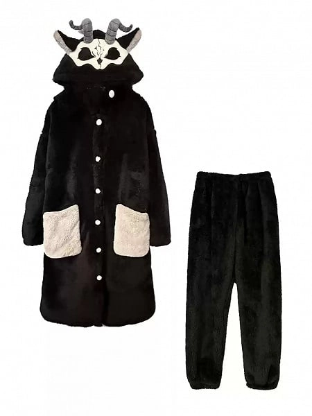 [£52.06]Black and White Grim Reaper Gothic Winter Plush Pajama Set Nightgown with Pants