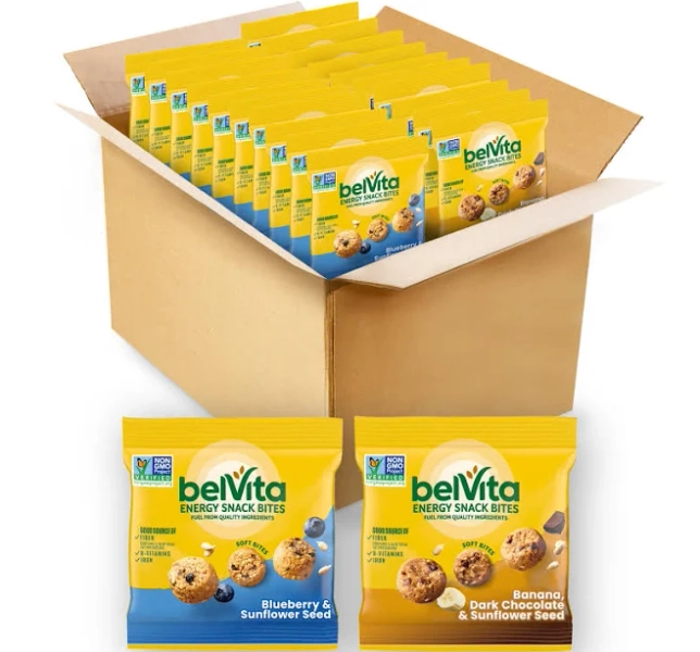 belVita Energy Snack Bites Variety Pack, Banana Dark Chocolate & Sunflower Seed, Blueberry & Sunflower Seed, 15 Snack Packs