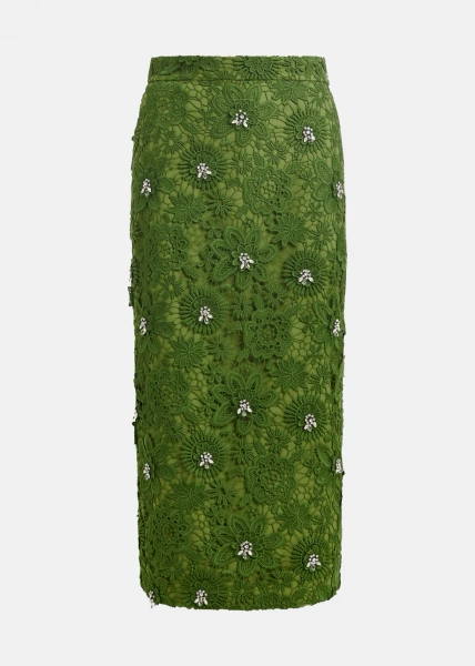 Jupe crayon en dentelle verte à strass