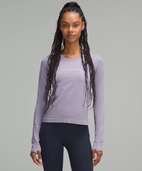 Swiftly Tech Long-Sleeve Shirt 2.0 *Waist Length - Spandex Stripe Lilac Ether/Nightfall - 14