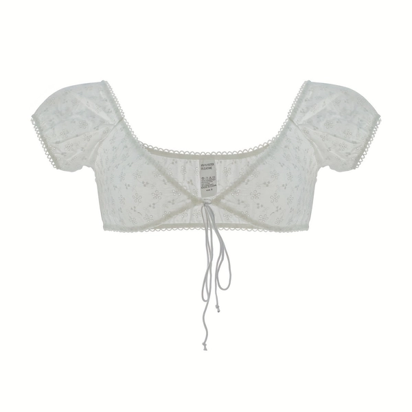 European American Style Sexy Bodysuit White Short Sleeve Lace-Up Sexy V-Neck Floral Corset 1pc