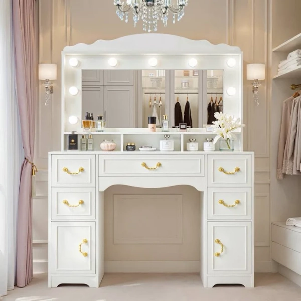 Large Makeup Vanity Desk with Lighted Mirror, 5 Drawers, and Charging Station