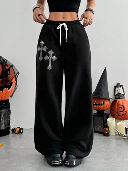 StreetHx Halloween Women's Y2K Style Drawstring Waist Wide Leg Loose Sweatpants With Rhinestone Decor Graduation,Back To School Outfits,Graduation,Teacher Outfits For Women,Back To School Fall Cloth For Women