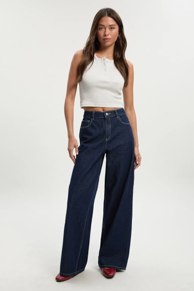 Dark Indigo Mid Waist Loose Fit Wide Leg Jean | Boohoo