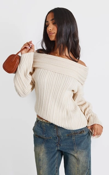 PrettyLittleThing Petite Cream Off The Shoulder Knit Sweater