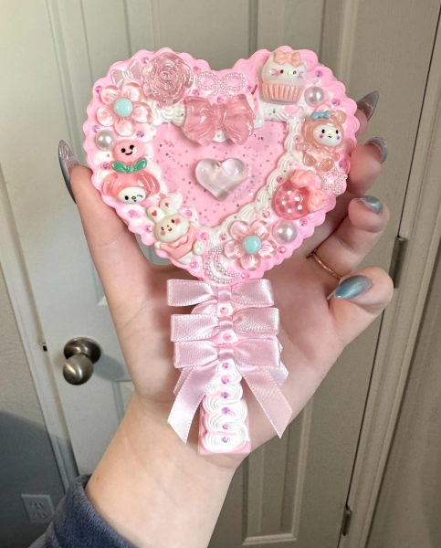Decoden Pink and White Dreamy Handheld Heart Mirror with Bows