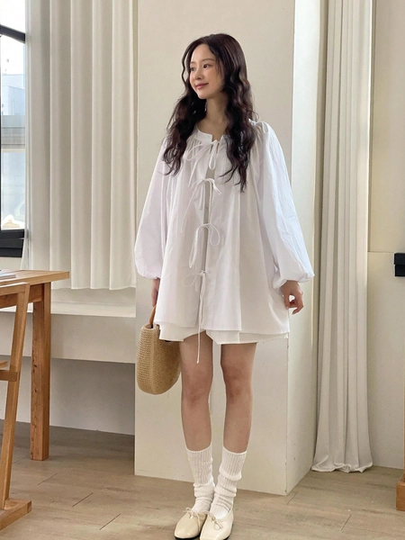 YIU Women's Loose White Bow Collar Blouse, With Bow Shoulder Straps, Autumn Countryside Style Top, Back To School Bestseller