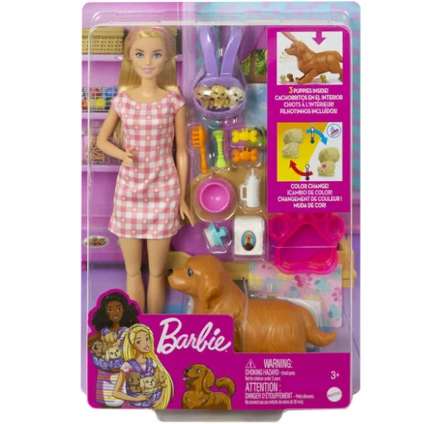 Barbie Doll & Newborn Pets Playset with Pregnant Mom Dog
