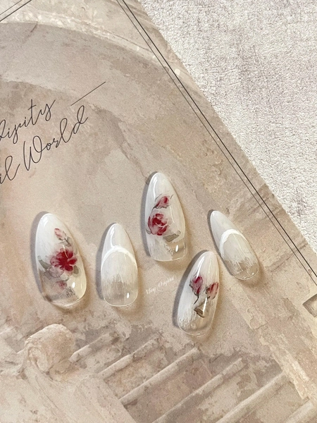 Water color vintage blooming Rose Flower nail artist art nail, premium salon Press on Nail, French tip, Handmade gel Nails, hand painted