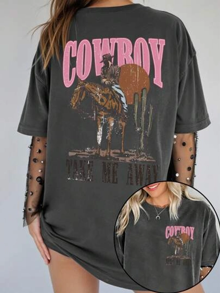 SHEIN EZwear Plus Size Letter Print Western Style Crew Neck T-Shirt