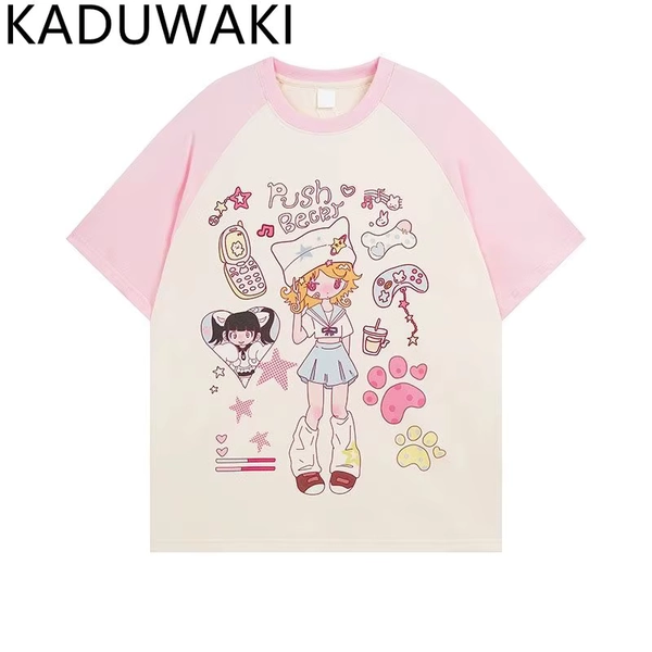 Sweet Kawaii Cartoon Print Short Sleeve Tshirt Women Summer Contrast Color Loose Trend Top Harajuku Streetwear Aesthetic Y2k Tee - AliExpress 200000345