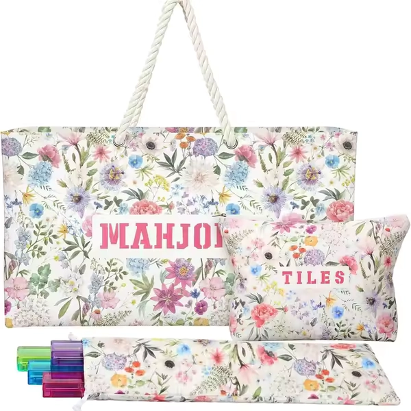 New High Quality Floral Patterns Mahjong Bag Sets Beautiful Portable Polyester Canvas Tote Bag Chessboard Table Game Storage Bag