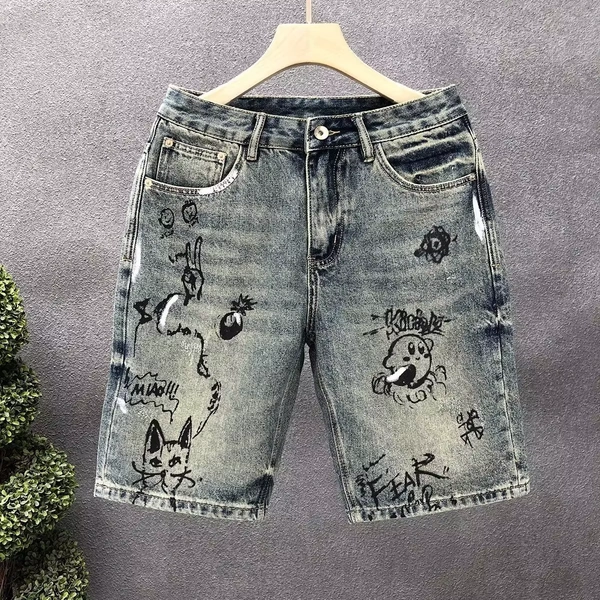 Hiphop Cartoon Printed Denim Shorts Men's Summer Trendy Brand 5 Five-point Pants 2025 New Men's Loose Straight Short Pants - AliExpress 200000343