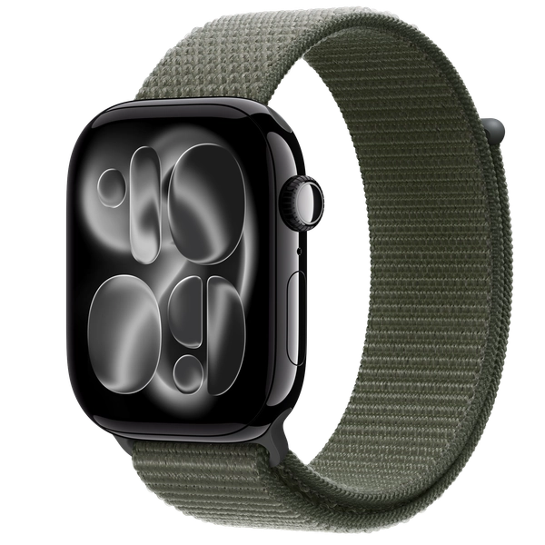 Apple Watch Series 11 GPS + Cellular, 46mm Jet Black Aluminum Case with Forest Sport Loop