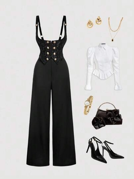 SHEIN MOD Plus Size Black Jacquard Patchwork Metal Buckle Strap Jumpsuit ,Women's Metal Button Waist Belt Jumpsuit, Elegant Black Suspender Pants,Fall /Winter,Women's Costume,Party , Elegant ,Luxury,Autumn Outfits For Women