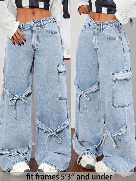 SHEIN PETITE Women's Solid Color Belted Straight Leg Loose Fit Jeans