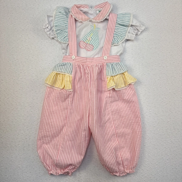 VTG Seersucker 2 Piece Romper Overalls 18 Mo Cherries Pear  Striped Ruffled