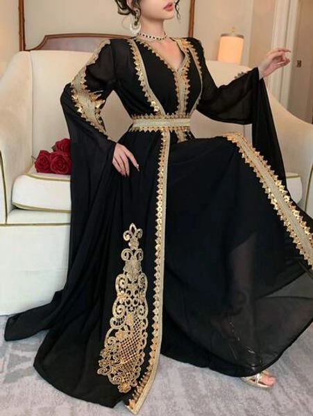 DAZY 2pcs Women's Middle Eastern Dubai Arabic Style Dress With Ribbon Trim - Size S