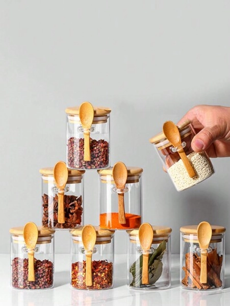 Mini Glass Spice Jar Mini Round Glass Salt Jar Airtight Jar, Seasoning Jars With Bamboo Lids And Spoon, Food Storage Containers For Sugar Coffee Nuts, Glass Kitchen Canisters For Flour, Cookies, Candy, Matcha Tea, Nuts And Spice Jars School Supplies Back To School