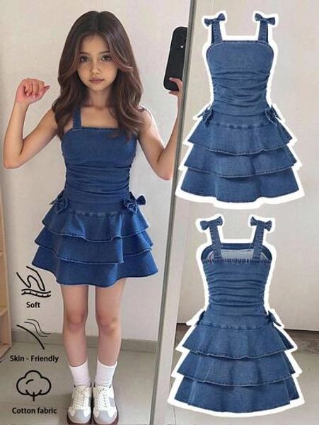 Elladie kids Girls' Casual Comfortable Soft Washed Denim Dress With Bowknot Decor, Elastic Waist Patchwork Flared Hem Long Dress, Lightweight Summer