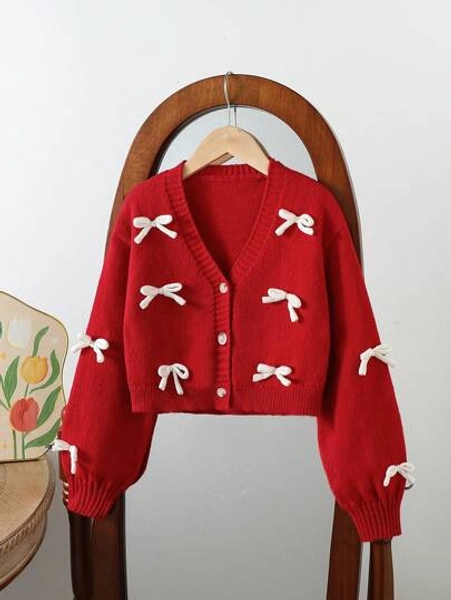 SHEIN Tween Girls Fashionable Casual Cute Soft Minimalist Elegant 3D Bow Long Sleeve Cropped Red Cardigan, Suitable For Home, Daily Wear, School, Outdoor, Party, Autumn/Winter