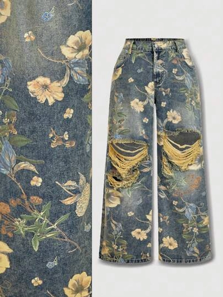 SHEIN MOD Plus Size Vintage Floral Print Distressed Wide Leg Jeans Floral Print Jeans Printed Jeans Distressed Jeans Women's Vintage Floral Print Ripped Wide Leg Jeans For A Stylish Casual Look Autumn Outfits For Women Beach Outfits For Women Casual Jeans For Women