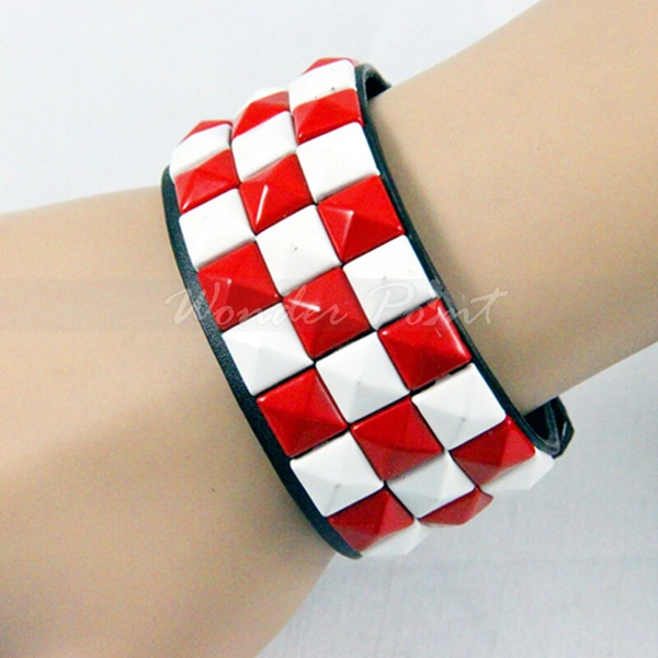 Pyramid Studded 3 Row Punk Bracelet Wrist Cuff Real Cowhide Leather