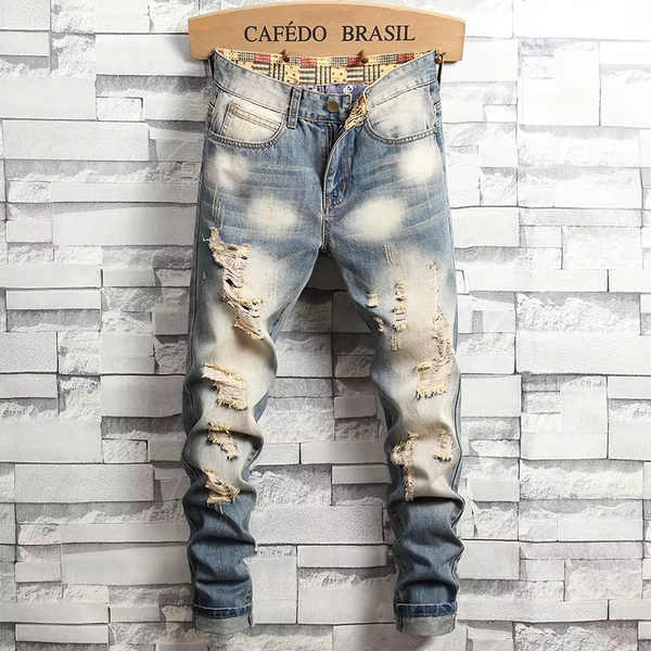 Distressed Ripped Jeans Men's Retro Blue Fashion Slim Motorcycle Trousers Male Hip-hop Street Male Hole Denim Pants - AliExpress 200000343