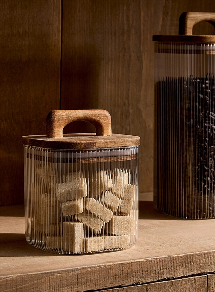Grooved glass and wood small storage jar