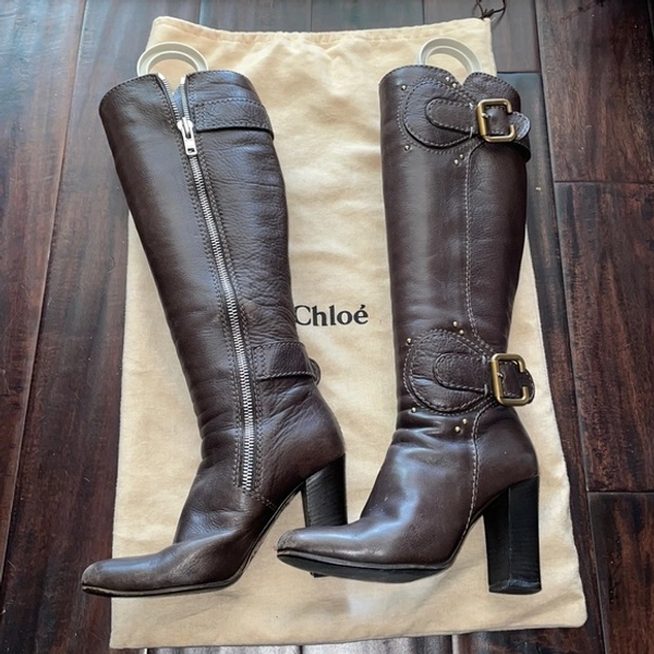 Vintage Chloe Brown leather Brass buckle knee high boots 37 paddington moto tall