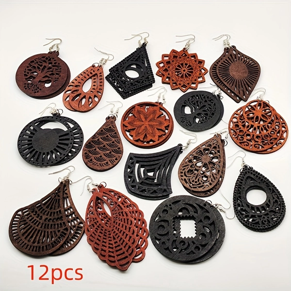 Vintage Tribal-Style Wooden Earrings - 12 Pairs Mixed Bulk Set, Natural Hollow Geometric Wood Drop Dangle Earrings, Life Tree Design in Black And Brown, Iron Ear Hooks, Suitable for Everyday Wear &amp; Gifting