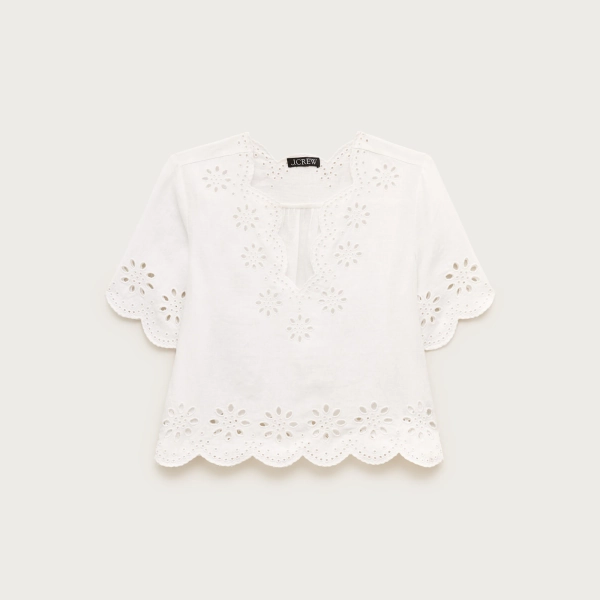 Embroidered eyelet top in linen
