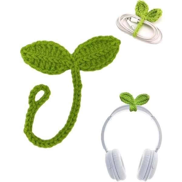 Handmade Crochet Leaf Sprout Headphone Accessories & Bookmarks - Green Knitted Leaf Headset Attachment, Cable Tie for Book Lovers, DIY Crochet Hook Crafting Gift (Compatible with Books & Audio Devices)