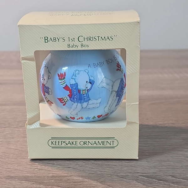 Vintage 1983 Hallmark Baby's 1st Christmas Ornament Baby Boy Blue Satin Bear