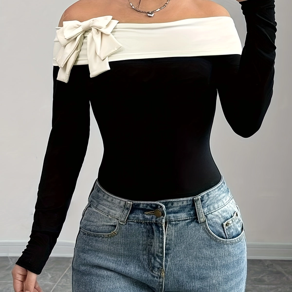 Women's Autumn Color-Block Bow Decorated Off-Shoulder Elegant Bodysuit
