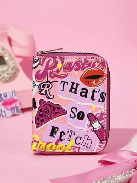 Mean Girls X SHEIN 1pc Piece Cute Cartoon Pattern Printed Zipper Pu Leather Short Wallet, Organ Compartment, Card Storage, Suitable For Students, Ladies, That's So Fetch, Queen Bee