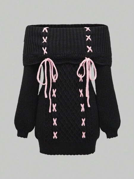ROMWE Kawaii Himekaji Cute Sweetheart Off Shoulder Lace Up Bow Knit Dress For Women
