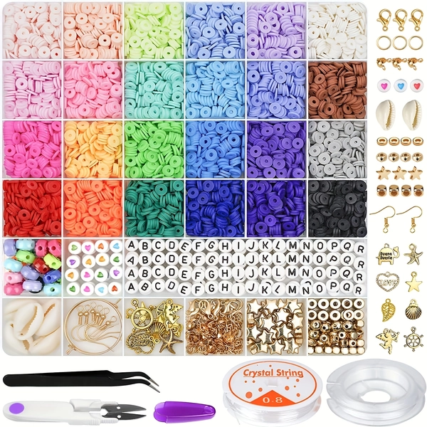 A 6000pcs Set of Clay Beads for Making Bracelets, Including 24 Colors of Flat Round Polymer Clay Beads and 6mm Spaced Black Stone Beads, for Jewelry-making Kits with Elastic Cord Bracelets and Necklaces
