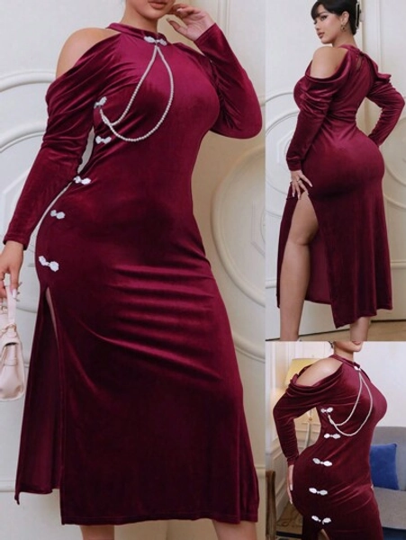 Celure Plus Size Qipao Collar Open Shoulder Long Sleeve Bodycon Fishtail Dress Fall Cloth For Women