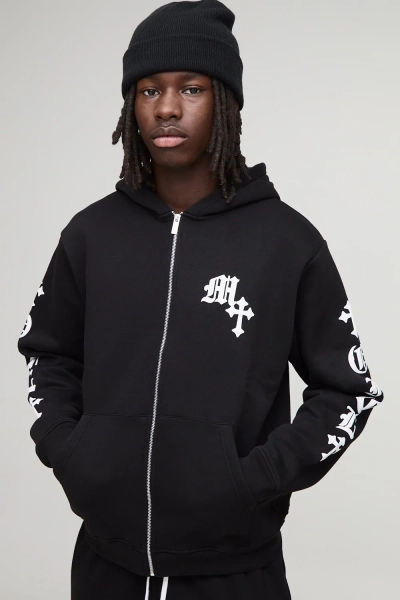 Regular Gothic Graphic Puff Print Zip Through Hoodie
