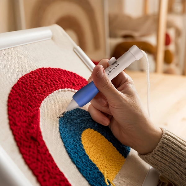 An 11pcs Magic Embroidery Pen Set, Including a Hole Punch Needle, Threading Tool, And Patterns - a Sewing And Craft Kit. It Features a Blue Ink Pen, Red Pointed Needle, Scissors, And More, All Stored in a Transparent Storage Box