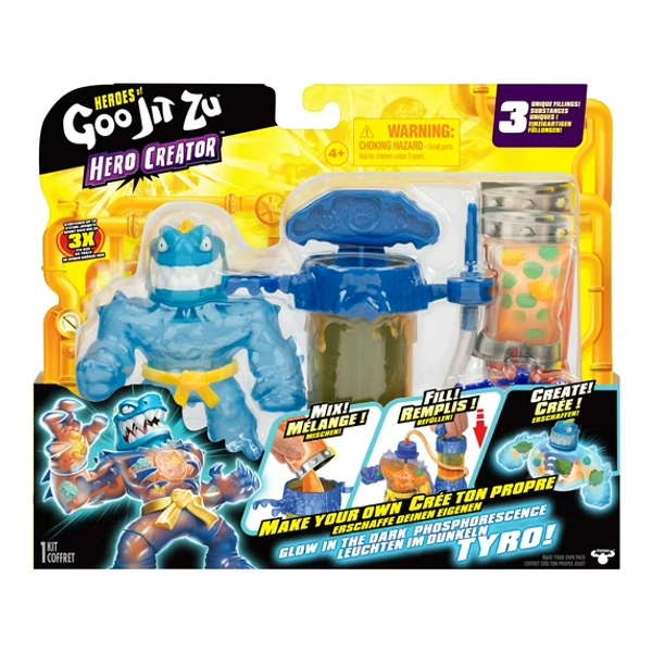 Heroes of Goo Jit Zu Hero Creator, 3 Unique Goo Fillings, Mix, Fill & Create Your Own Stretchy Glow-in-the-Dark Tyro Action Figure, Ages 4+
