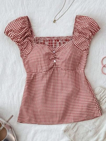 SHEIN TEENGIRL Burgundy Retro Plaid Ruffle Trim A-Line Top, College Casual Style - Size 16Y