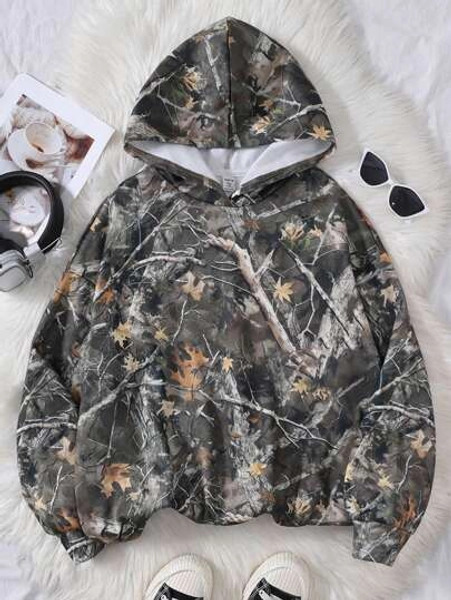 SHEIN Oversized Olive Green Hooded Knit Sweatshirt For Teen Girls, Camouflage Bare Branch Letter Number Print Casual Streetwear