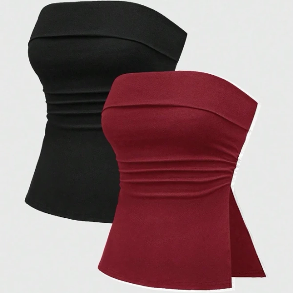 ROMWE Spring/Summer Casual Baech Black Sexy Multi-Piece Black & White Solid Color Split Hem Women Tops