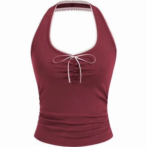 rush outfits Knit Fabric Cotton-blend Halter Neck Ruched Front Cami Top For Daily Casual Date