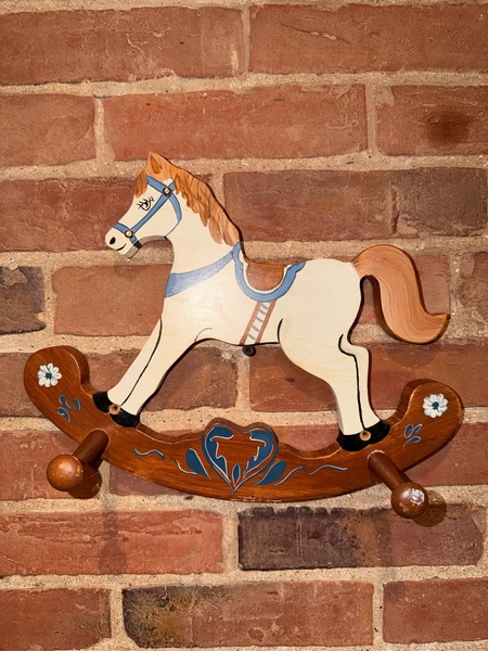 Wooden Rocking Horse Wall Coat Rack 2 Peg Nursery Hanger Hand Painted