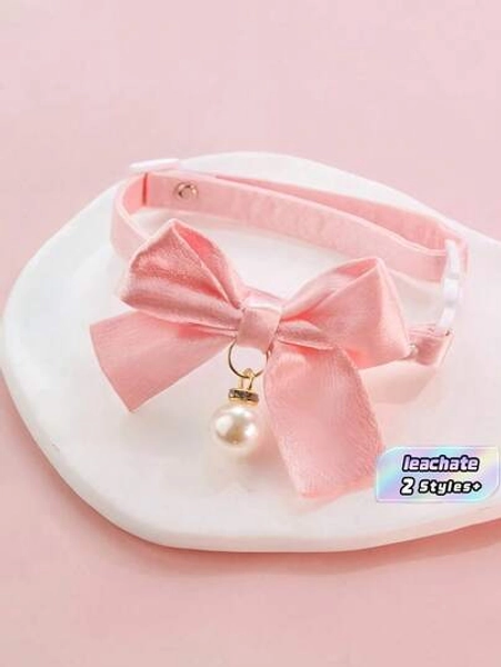 Pink Floral Breakaway Cat Collar With Bow & Pearls - Adjustable Kitten Collar, Lace Aesthetic Bowtie For Girl Cats, Cute Valentine's Gift For Female Kittens - Size S